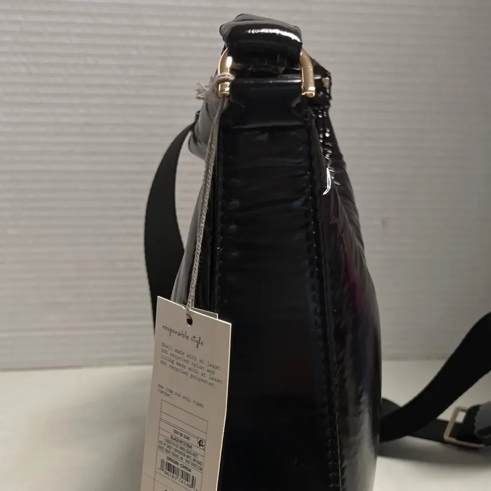 A New Day Black Puffer Hobo Bag with Detachable Crossbody Strap‎ Shiny Soft NEW